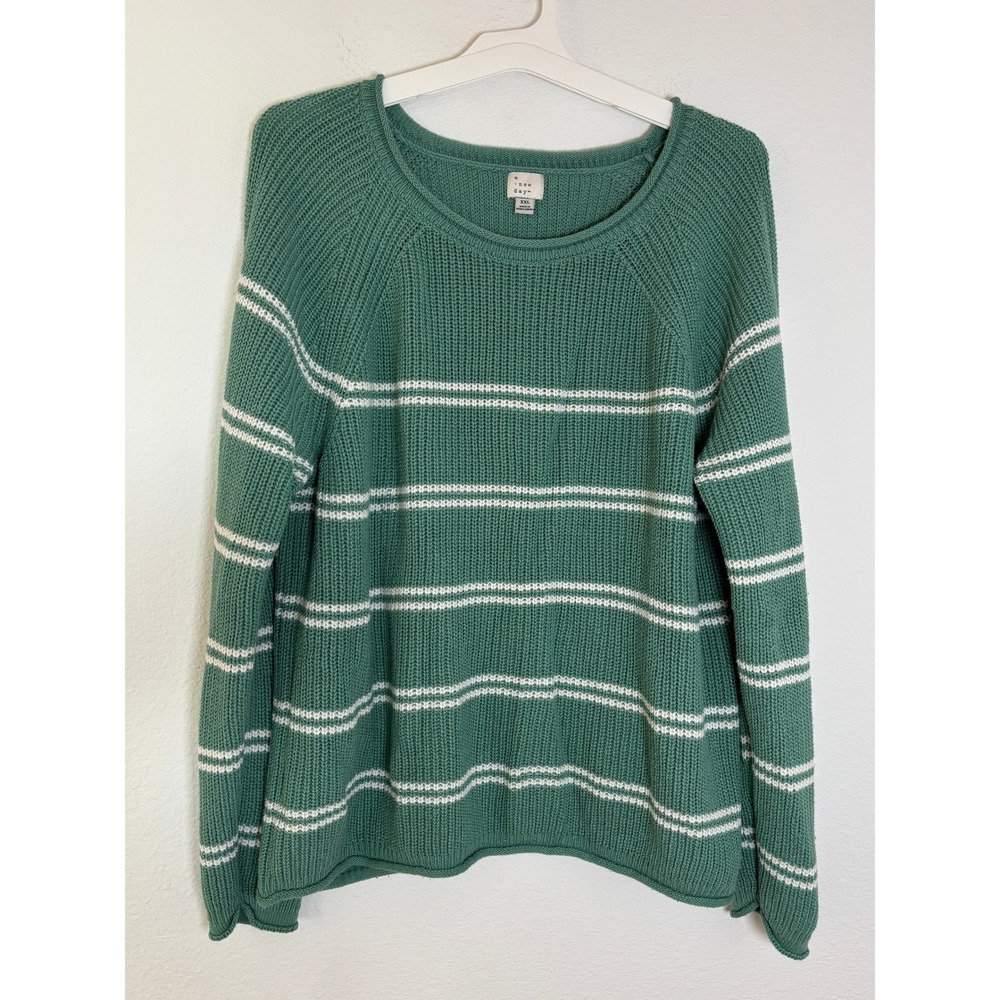 A New Day Green White Striped Shaker Stitch Pullover Sweater XXL